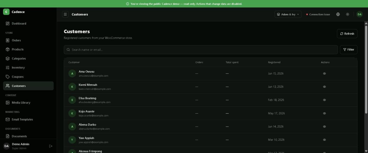 Cadence Customers list showing customer name, email, number of orders, total spent and registration date
