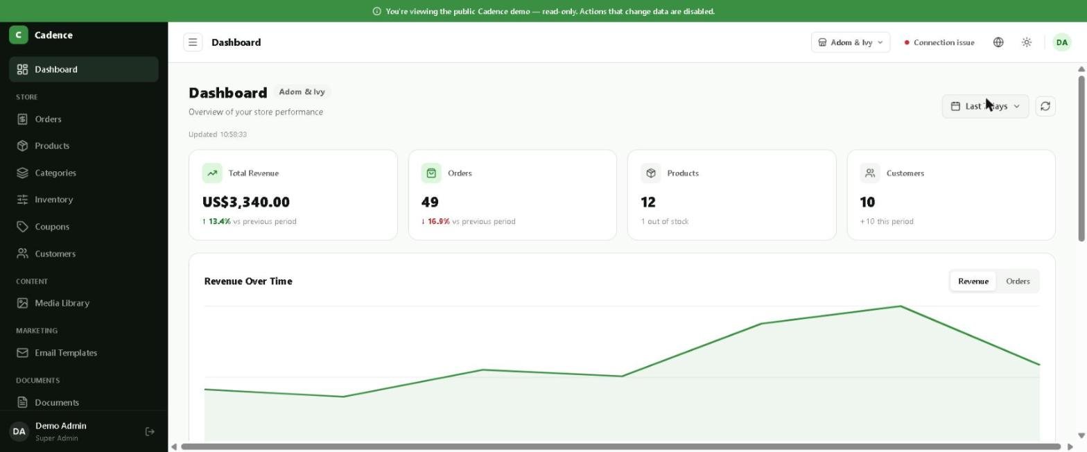 The same Cadence dashboard shown in light mode