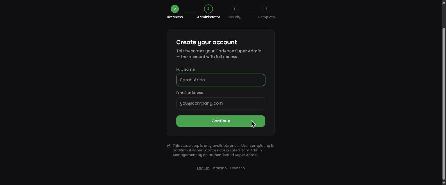 Cadence installer account step asking for the Super Admin's full name and email address