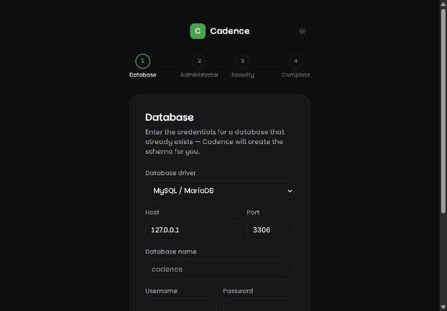 Cadence installer database step, showing MySQL connection fields for host, port, database name, username and password