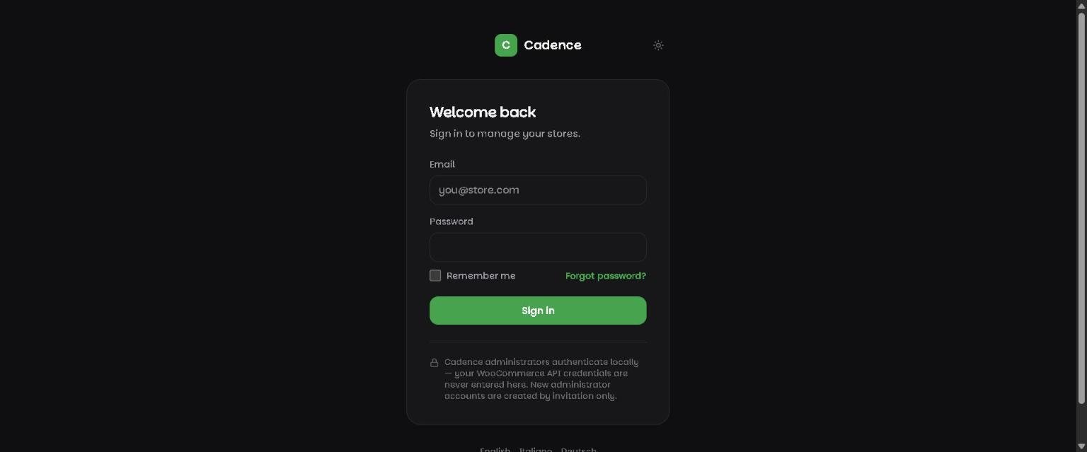 Cadence sign-in screen with email and password fields