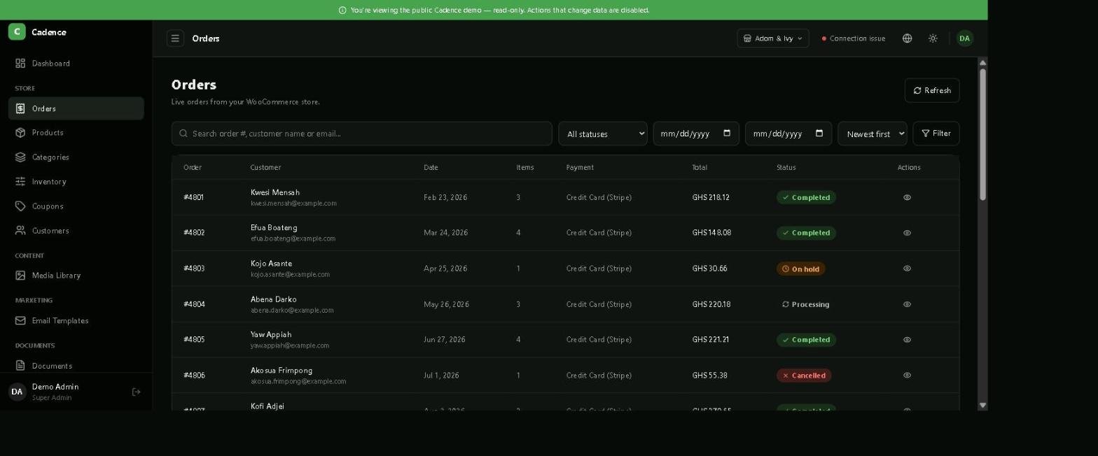 Cadence Orders list with order number, customer, date, items, payment method, total and status such as Completed, Processing, On hold and Cancelled