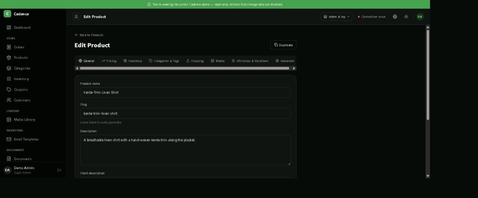 Cadence product editor showing the Duplicate button next to the Edit Product heading, with product name, slug and description fields below