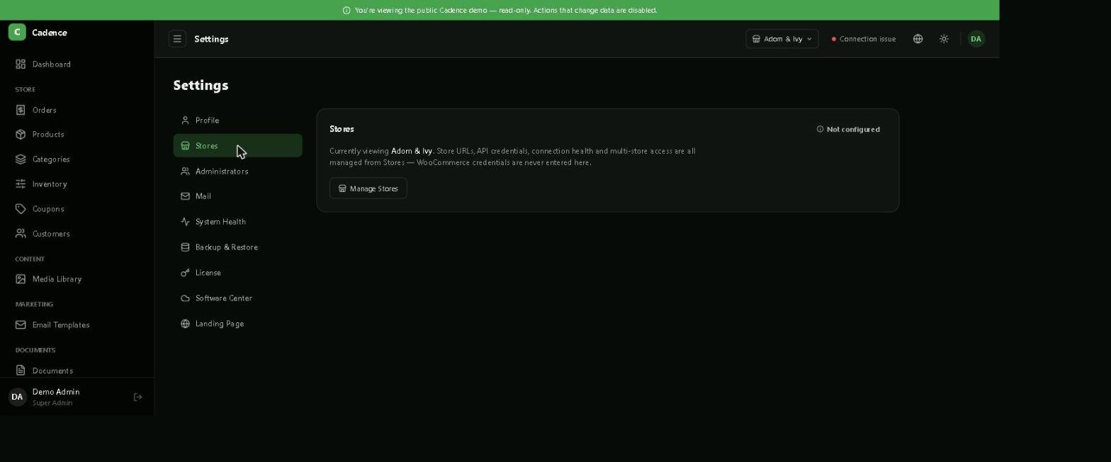 Cadence Settings Profile page with account name, email, display name field and a change password form