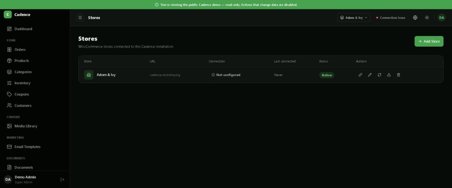 Cadence Stores settings page listing a connected WooCommerce store with its URL, connection status and last-connected time