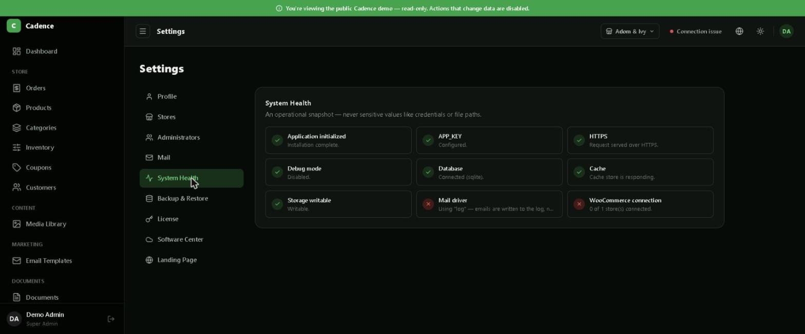 Cadence System Health page with green checkmarks for Application initialized, APP_KEY, HTTPS, Debug mode, Database, Cache and Storage writable, alongside a red mark for Mail driver and WooCommerce connection